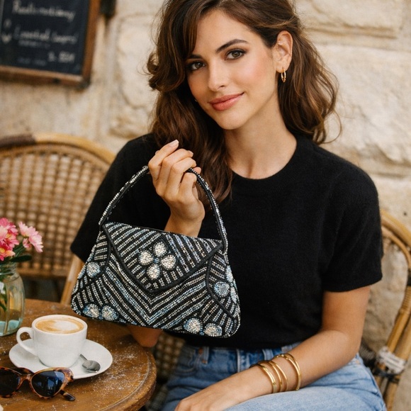 s. malhan Handbags - S. Malhan Vintage Hand-Beaded Evening Bag | Black & Silver Art Deco Style